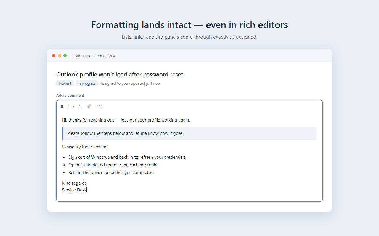 A rich template inserted into a web editor