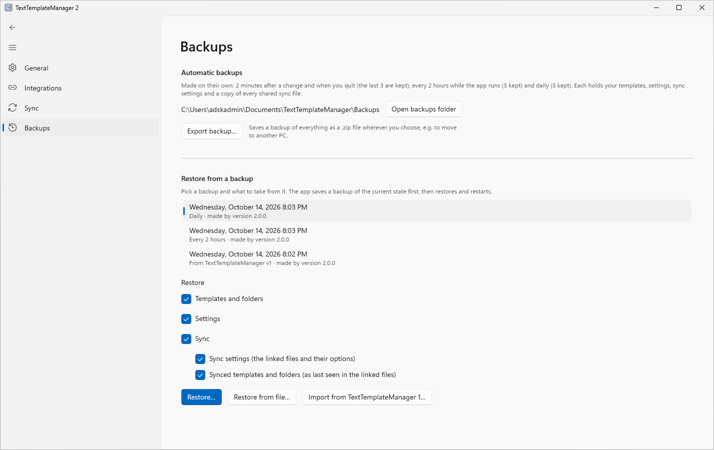 Settings ▸ Backups: where the backups are, Export backup…, the backups newest first, and what to restore from the selected one.