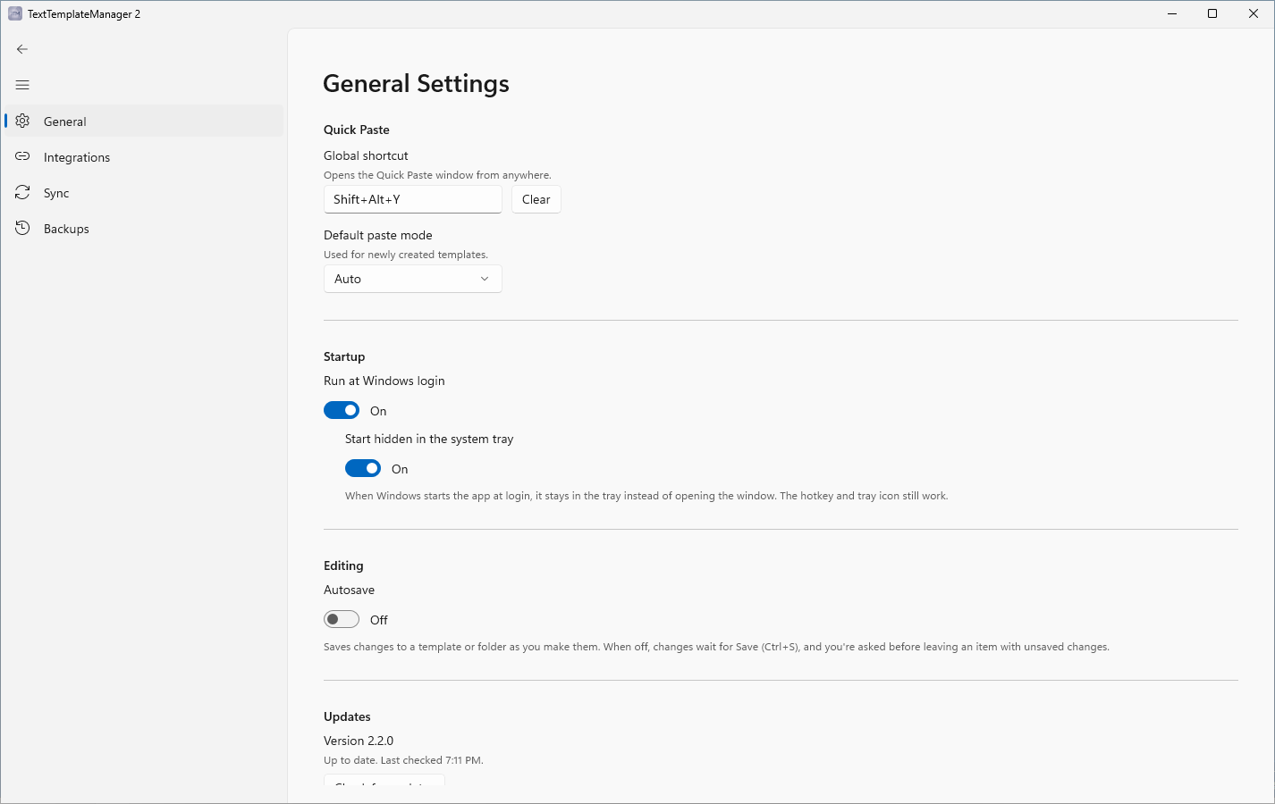 Settings ▸ General: the Quick Paste shortcut, the default paste mode for new templates, startup, Autosave and the start of Updates.