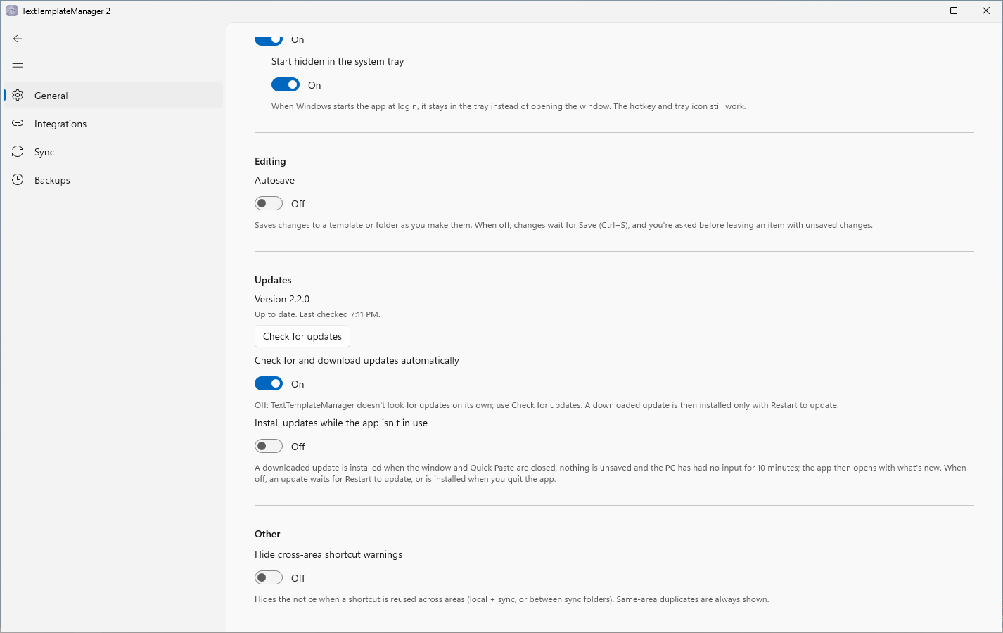 Settings ▸ General, scrolled down: Updates with the version, what the updater is doing, Check for updates, the switches for automatic updates and idle install, then Other.