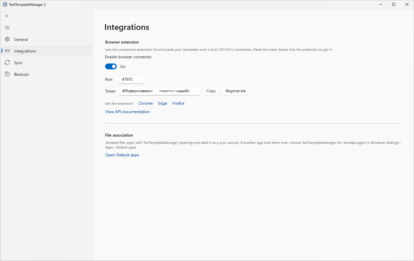 Settings ▸ Integrations: the browser connector with its port and pairing token, the extension store links, and the .ttmdata file association.