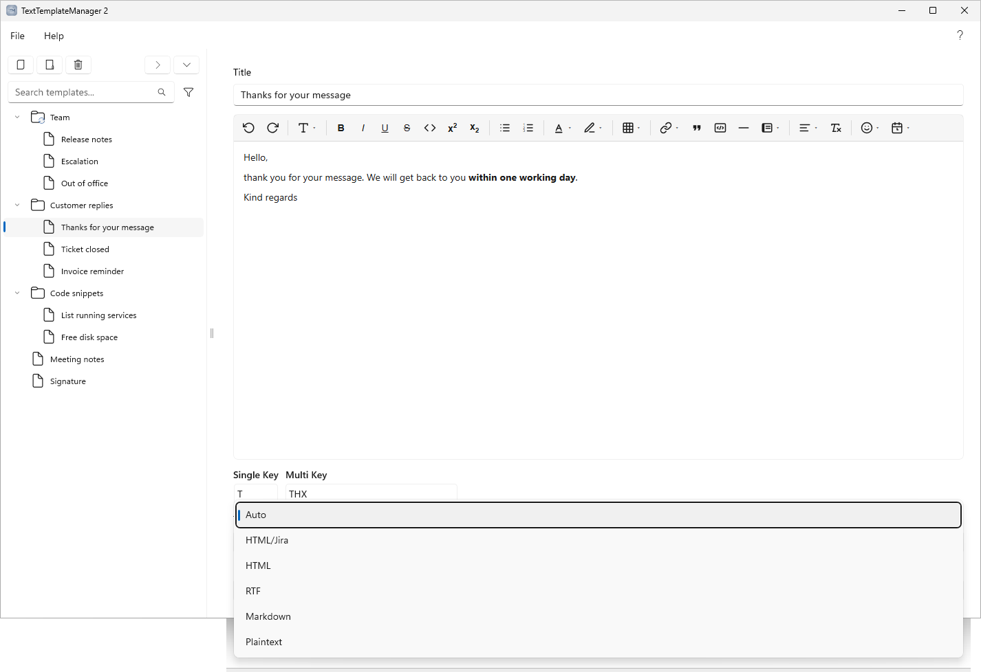 The main window: on the left the toolbar (add template, add folder, delete; collapse all and expand all), the search box with its filter button, and the tree with the synced folder Team at the top; on the right the selected template's editor, its shortcuts and tags, and the default paste mode list.