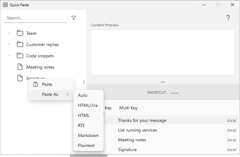 Right-clicking a template offers Paste and a Paste As submenu with every paste mode.