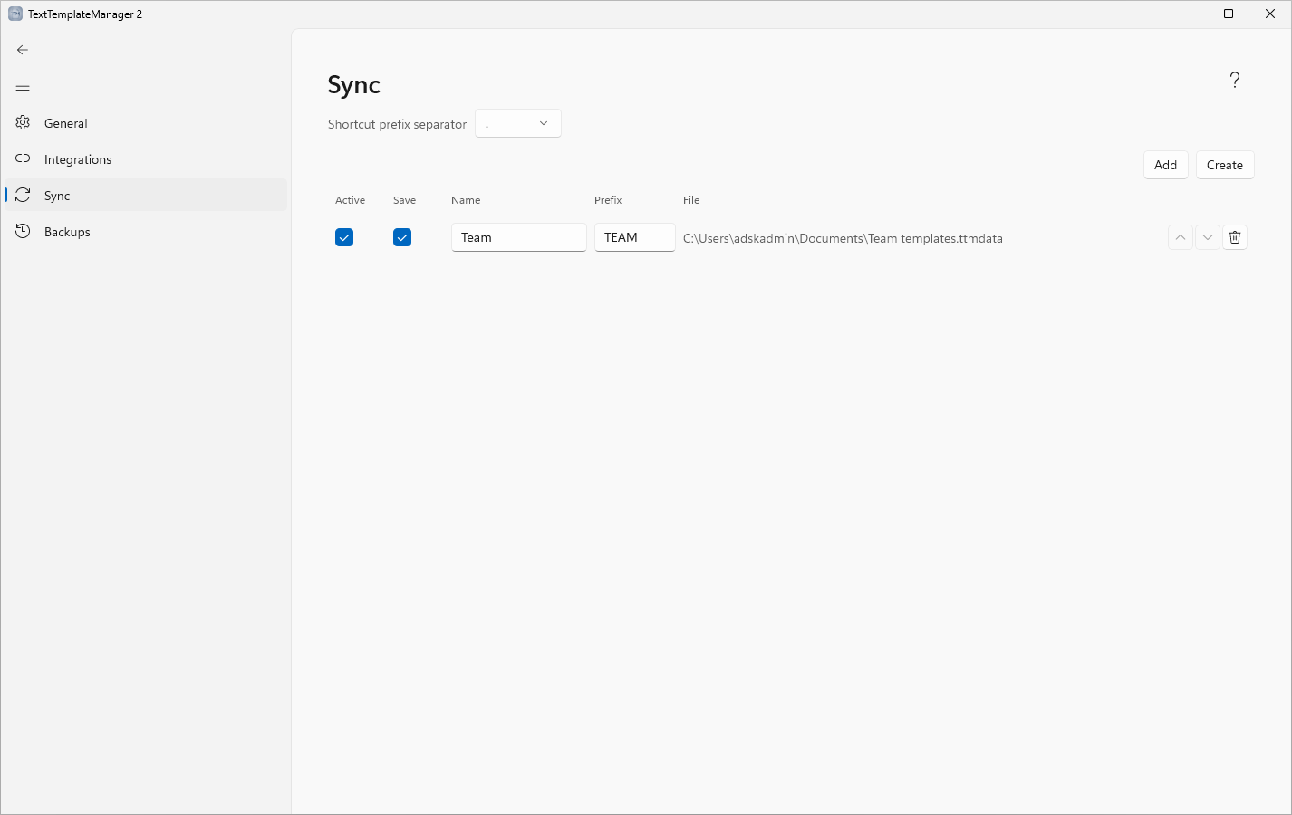 Settings ▸ Sync: set the shortcut-prefix separator at the top, then add a source with Add or Create.