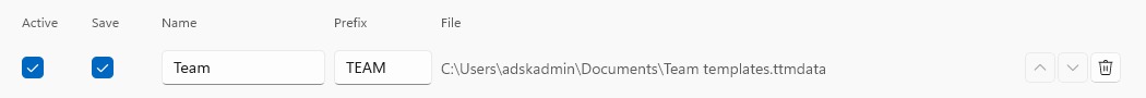 A configured source: Active and Save checkboxes, an editable Name and Prefix, its file path, and the order-up/down and delete controls.