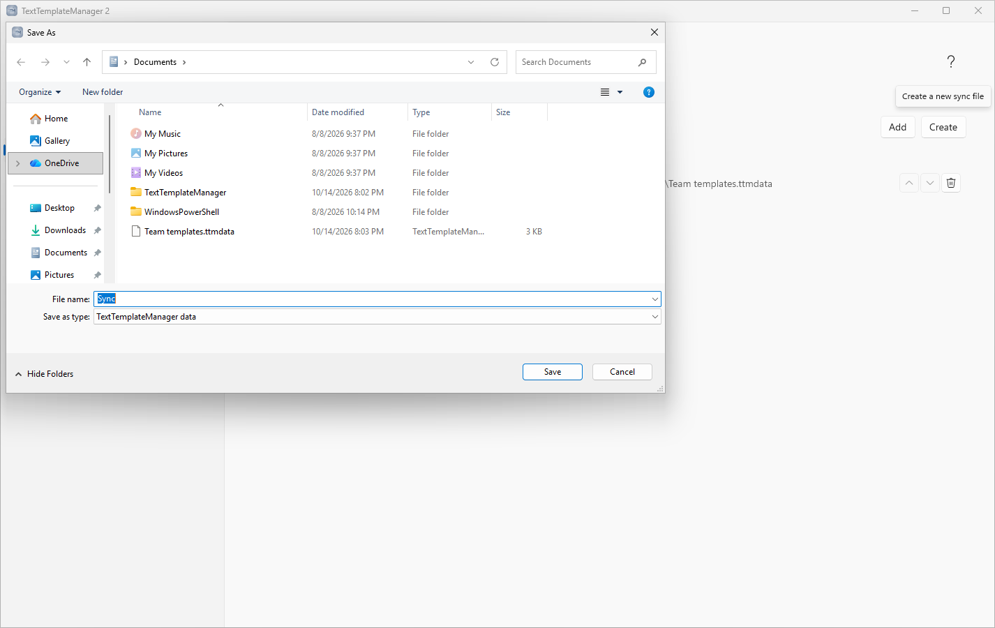 Create opens a Save dialog for a new shared .ttmdata file.