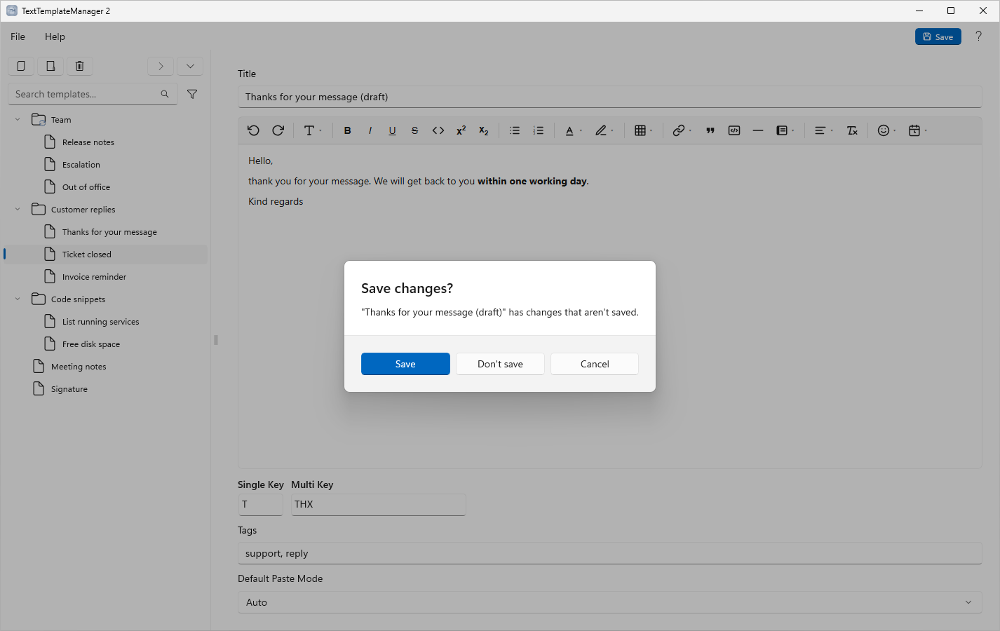 Selecting another item with unsaved changes asks first.